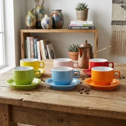 Servizio da caffè Colorato in Stoneware 6 tazzine con piattini 9 cl