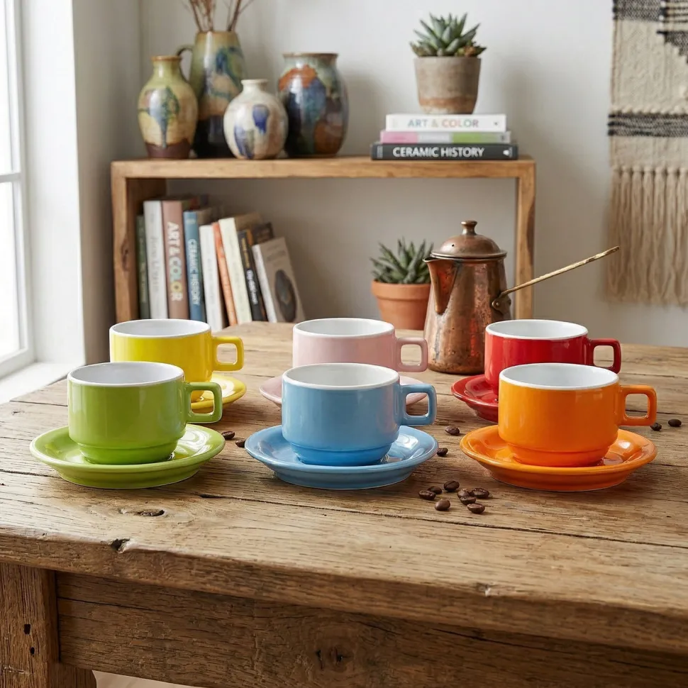 Servizio da caffè Colorato in Stoneware 6 tazzine con piattini 9 cl