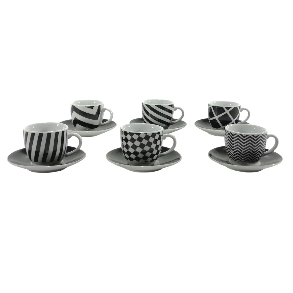 Servizio da caffè in Porcellana 6 tazzine con piattini Bianco e Nero
