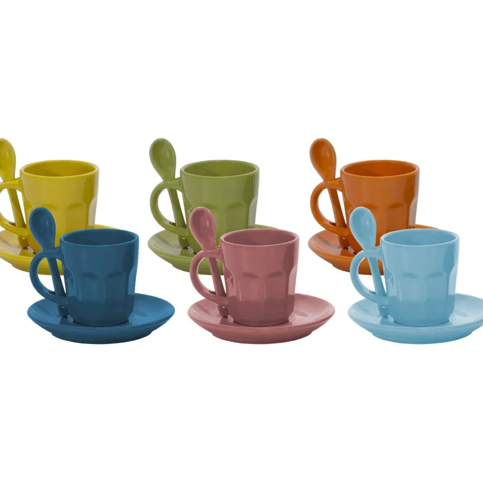 Servizio da caffè Multicolor in Stoneware 6 tazzine con piattini e cucchiaini