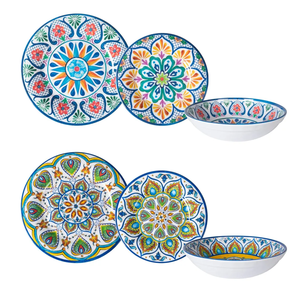 Servizio di piatti in melamina con Decorazioni Maioliche Multicolor 12 pezzi