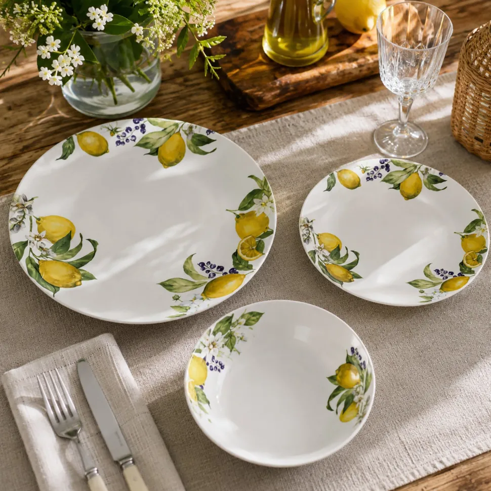 Servizio di Piatti Linea Mediterranea Decorazione Limoni in Porcellana 18 Pezzi