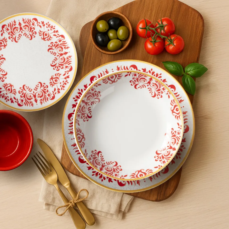 Servizio di Piatti Linea Zulema Red in Porcellana 18 Pezzi