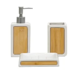 Set Bagno 3 pezzi in Ceramica Bianca e Bamboo