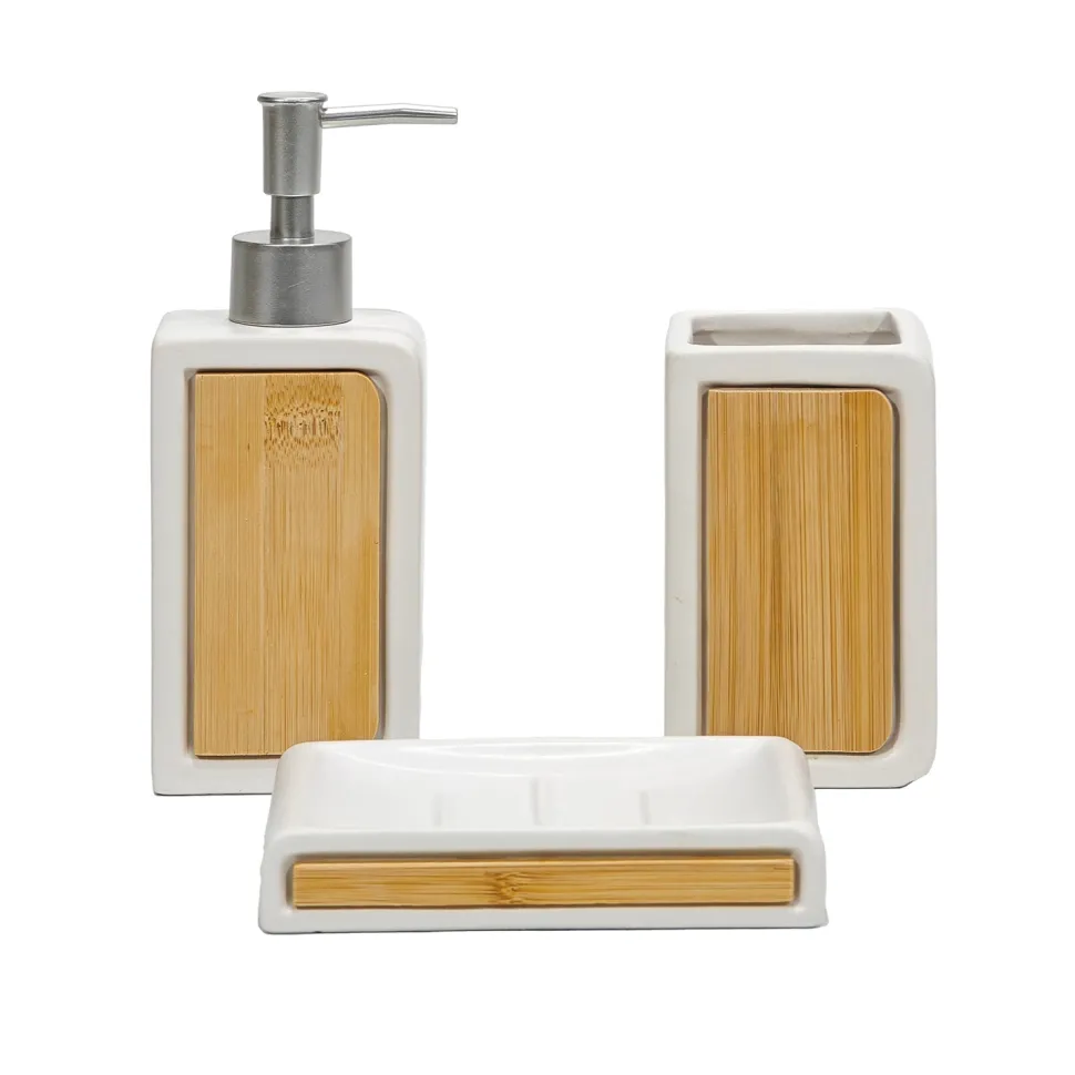 Set Bagno 3 pezzi in Ceramica Bianca e Bamboo