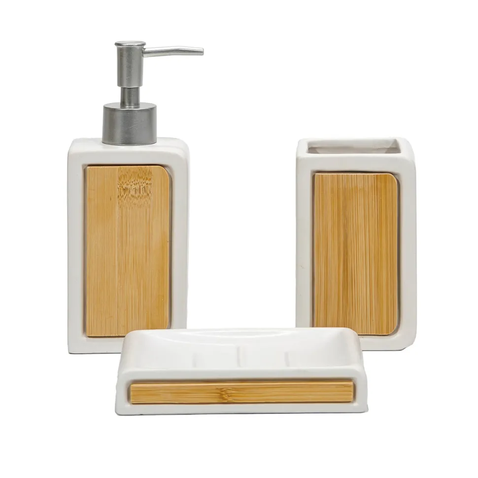 Set Bagno 3 pezzi in Ceramica Bianca e Bamboo