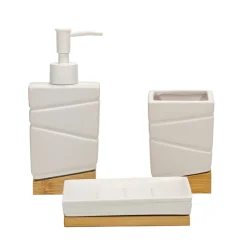 Set Bagno 3 pezzi in Ceramica Bianca e Bamboo Design Geometrico