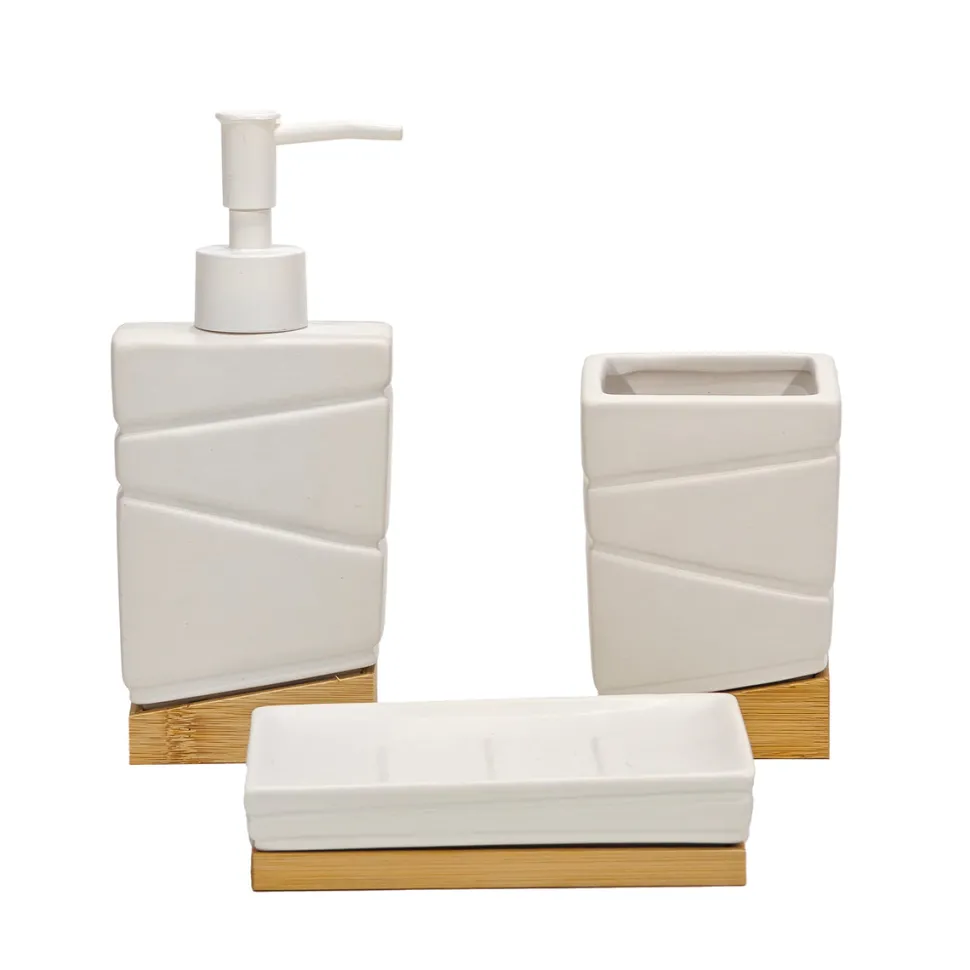 Set Bagno 3 pezzi in Ceramica Bianca e Bamboo Design Geometrico
