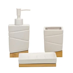 Set Bagno 3 pezzi in Ceramica Bianca e Bamboo Design Geometrico