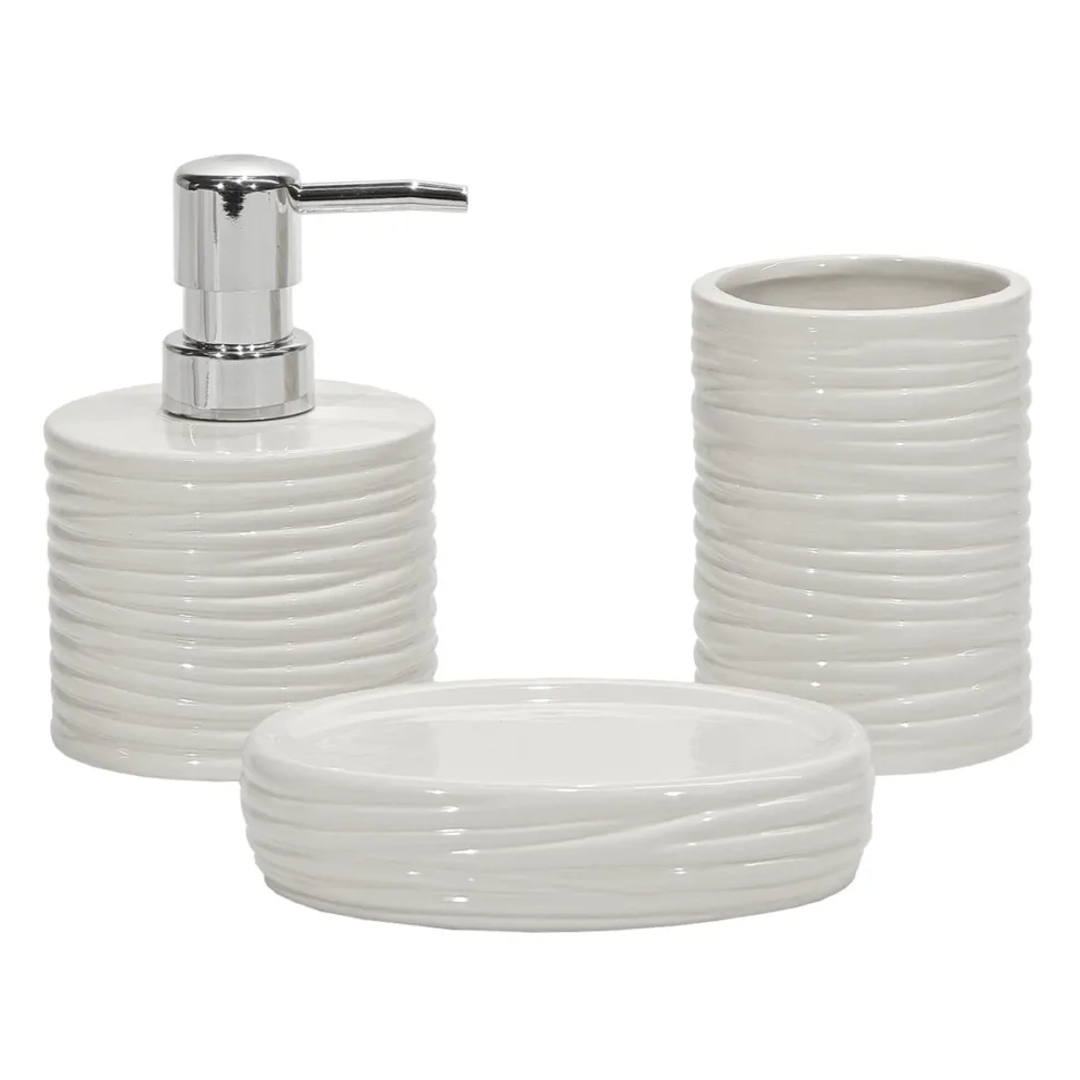 Set Bagno 3 pezzi in Ceramica Bianca Finitura a rilievo Effetto Ondulato