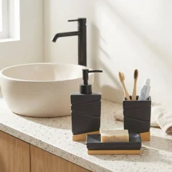 Set Bagno 3 pezzi in Ceramica Nera e Bamboo Design Geometrico