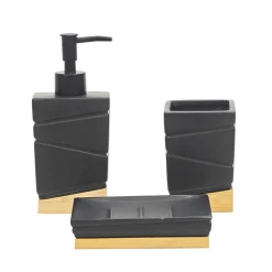 Set Bagno 3 pezzi in Ceramica Nera e Bamboo Design Geometrico