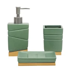 Set Bagno 3 pezzi in Ceramica Verde e Bamboo Design Geometrico