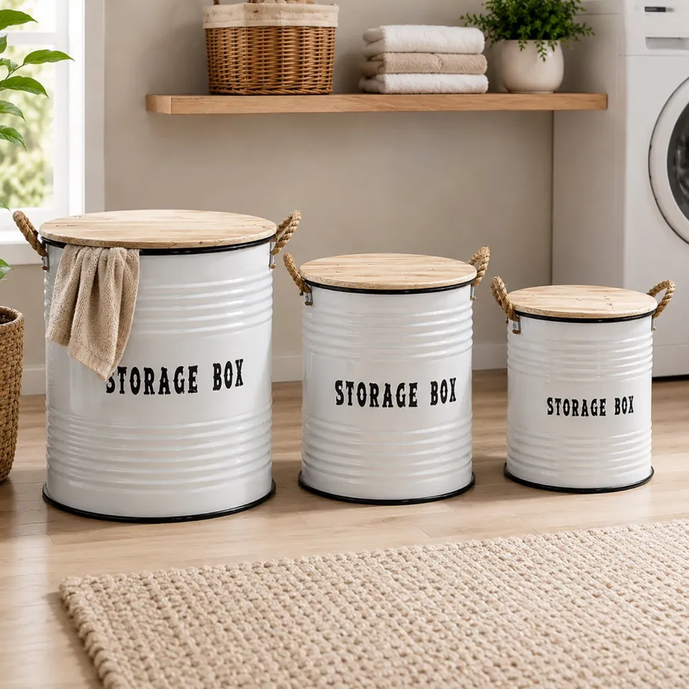 Set 3 Ceste Portabiancheria con Manici Bianco