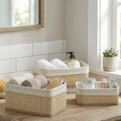 Set 3 Cestini Portaoggetti in Bamboo con Rivestimento in Policotone