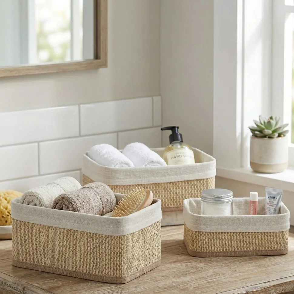 Set 3 Cestini Portaoggetti in Bamboo con Rivestimento in Policotone