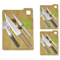 Set Coltelli in Acciaio Inox con Tagliere in Bambù 4 Pezzi Linea Bamboo