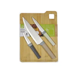 Set Coltelli in Acciaio Inox con Tagliere in Bambù 4 Pezzi Linea Bamboo