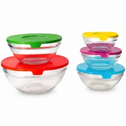 Set 5 Contenitori Food Organizer in Vetro con Coperchio Colorato Salvaspazio
