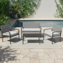 Set da giardino 4 pezzi Antracite Rattan sintetico con struttura in acciaio, top in vetro e cuscini Grigio