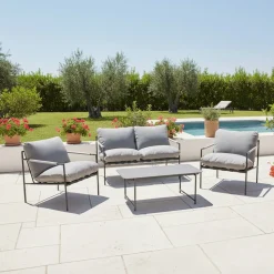 Set da giardino 4 pezzi con Struttura in Acciaio Antracite, top in vetro e cuscini Grigio Chiaro