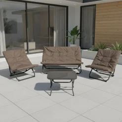 Set da giardino 4 pezzi con Struttura in Acciaio Antracite, Tavolino con top in vetro e cuscini Tortora