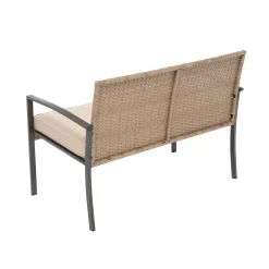 Set da giardino 4 pezzi Effetto Legno Rattan sintetico con struttura in acciaio, top in vetro e cuscini Beige