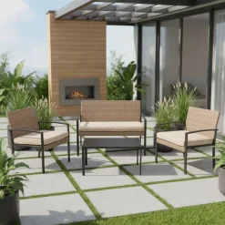 Set da giardino 4 pezzi Effetto Legno Rattan sintetico con struttura in acciaio, top in vetro e cuscini Beige