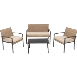 Set da giardino 4 pezzi Effetto Legno Rattan sintetico con struttura in acciaio, top in vetro e cuscini Beige