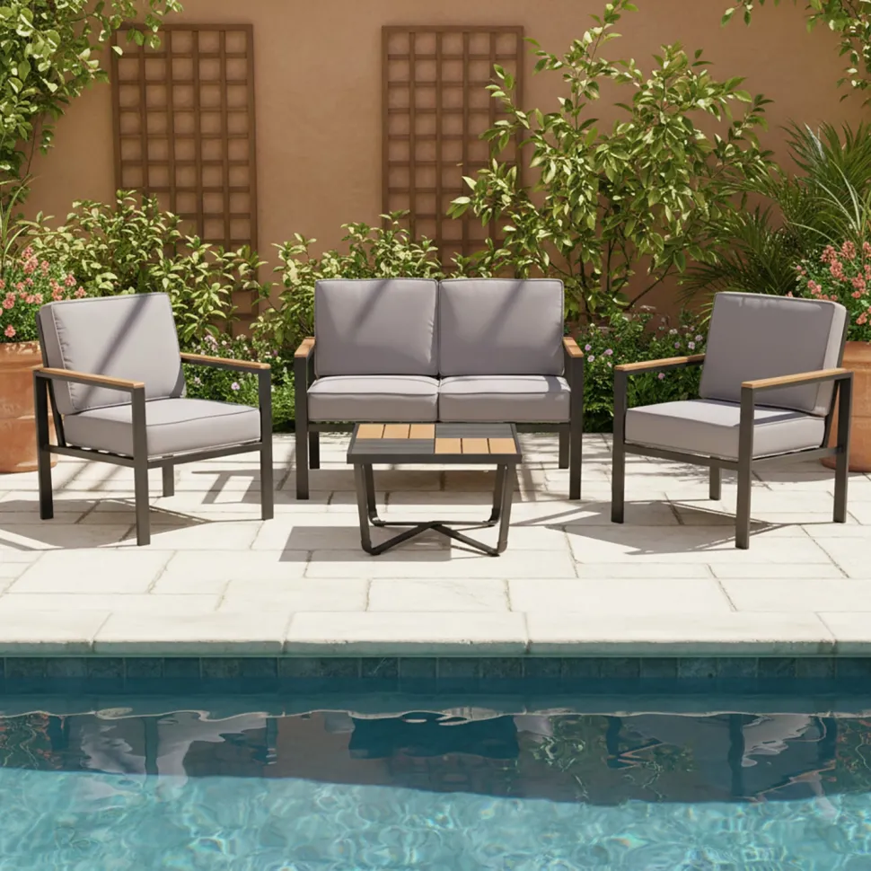 Set da giardino 4 pezzi struttura in acciaio Antracite e Doghe in HDPE con cuscini Grigio Scuro