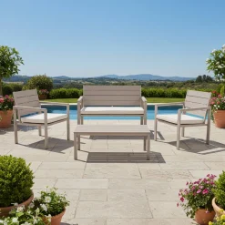 Set da giardino 4 pezzi struttura in acciaio Beige con Doghe in HDPE Effetto Legno Tortora