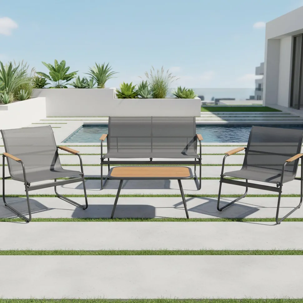 Set da giardino 4 pezzi Struttura in Acciaio Nero, braccioli e Top in Polywood