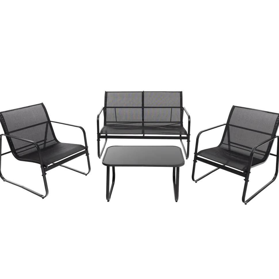 Set da giardino 4 pezzi Struttura in Acciaio Nero, braccioli e Top in Vetro
