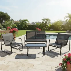 Set da giardino 4 pezzi Struttura in Acciaio Nero, braccioli e Top in Vetro