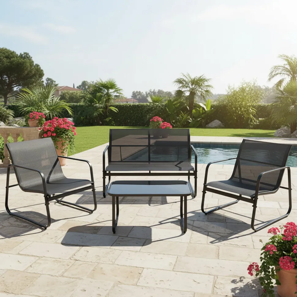 Set da giardino 4 pezzi Struttura in Acciaio Nero, braccioli e Top in Vetro