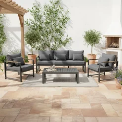Set da giardino 4 pezzi struttura in alluminio Antracite e braccioli in Polywood con cuscini Grigio Scuro