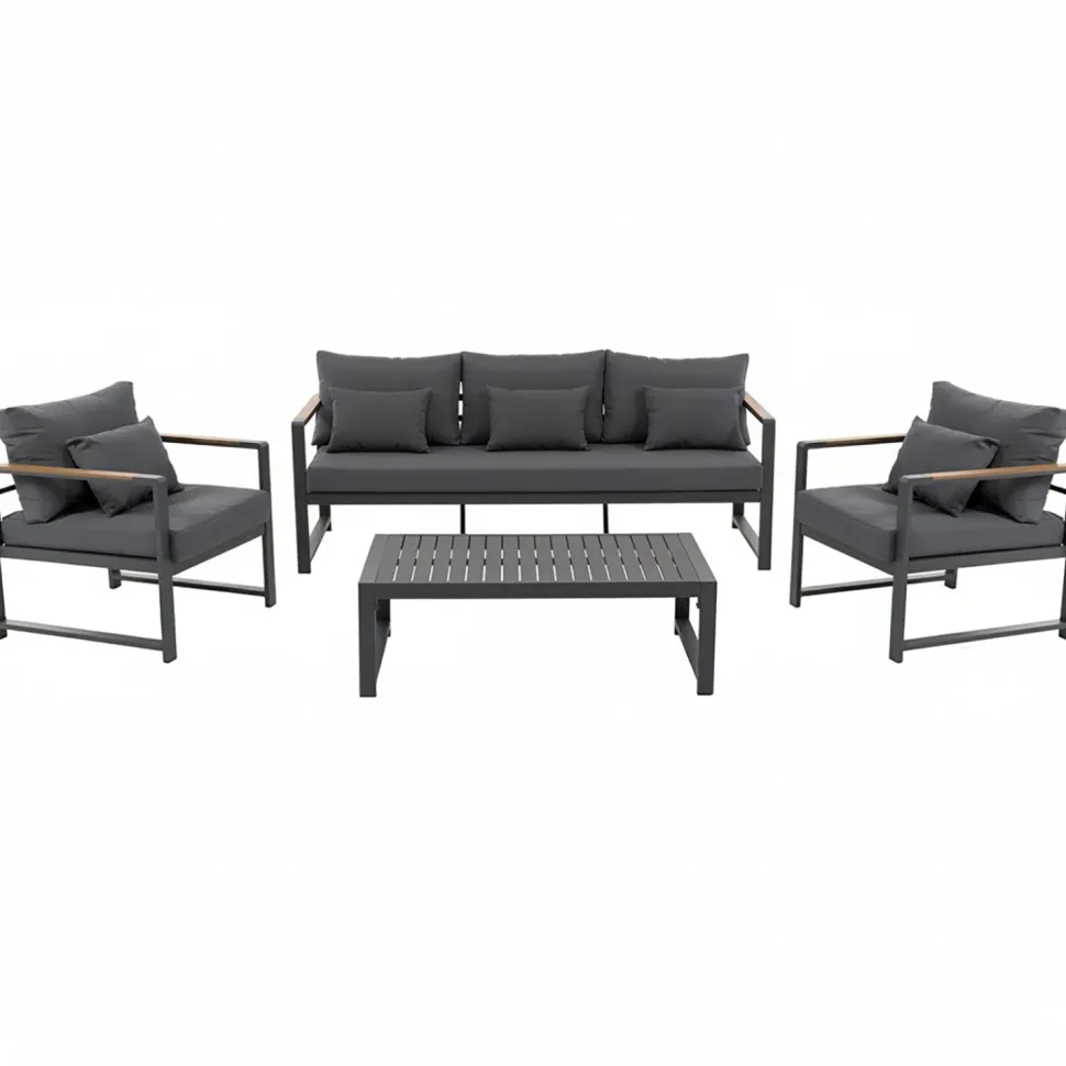 Set da giardino 4 pezzi struttura in alluminio Antracite e braccioli in Polywood con cuscini Grigio Scuro
