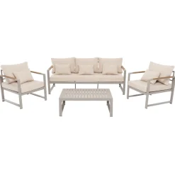 Set da giardino 4 pezzi struttura in alluminio Sabbia e braccioli in Polywood con cuscini Beige