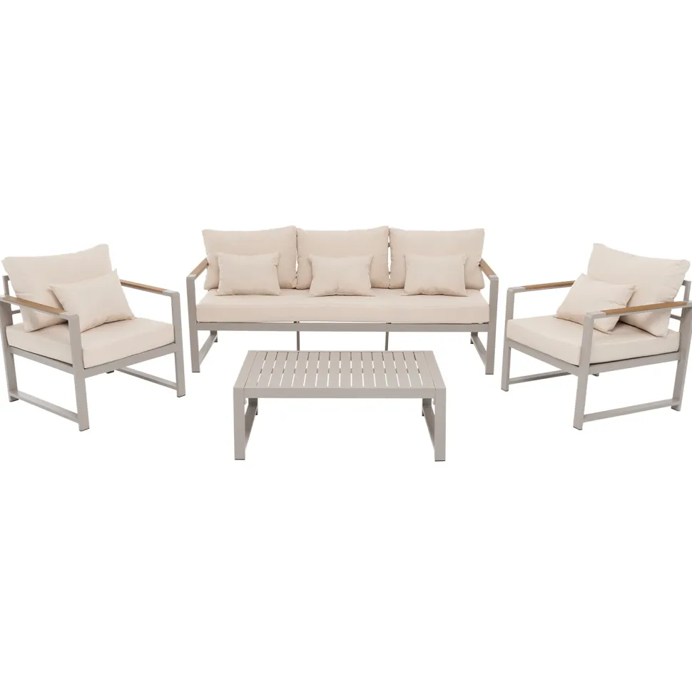 Set da giardino 4 pezzi struttura in alluminio Sabbia e braccioli in Polywood con cuscini Beige