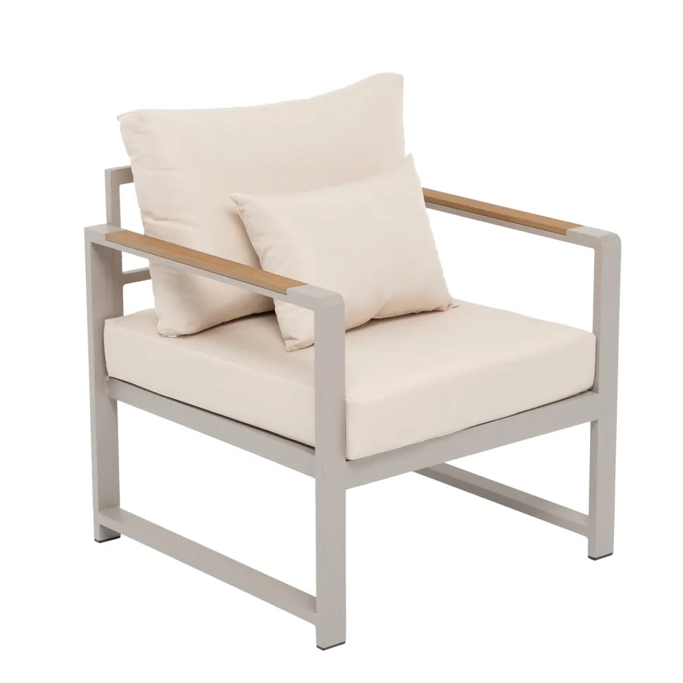 Set da giardino 4 pezzi struttura in alluminio Sabbia e braccioli in Polywood con cuscini Beige