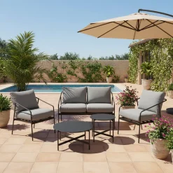 Set da giardino 5 pezzi struttura in acciaio e top tavolini in metallo con cuscini Grigio Scuro