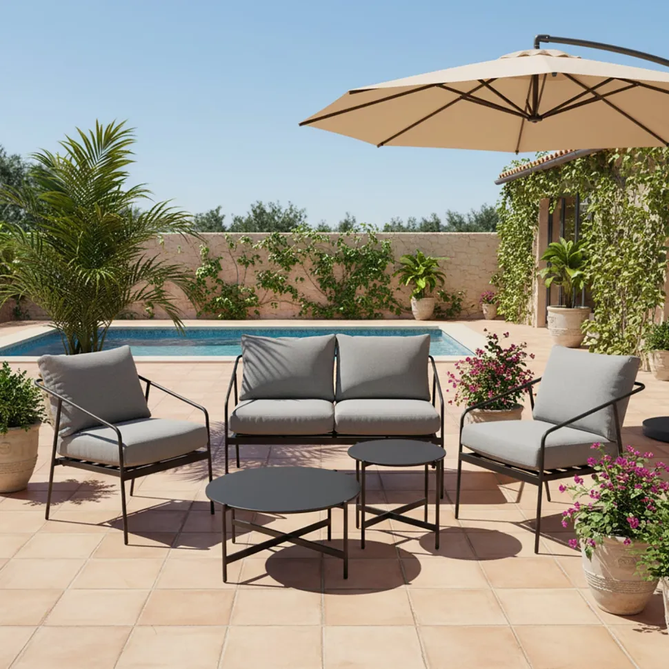 Set da giardino 5 pezzi struttura in acciaio e top tavolini in metallo con cuscini Grigio Scuro