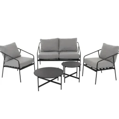 Set da giardino 5 pezzi struttura in acciaio e top tavolini in metallo con cuscini Grigio Scuro