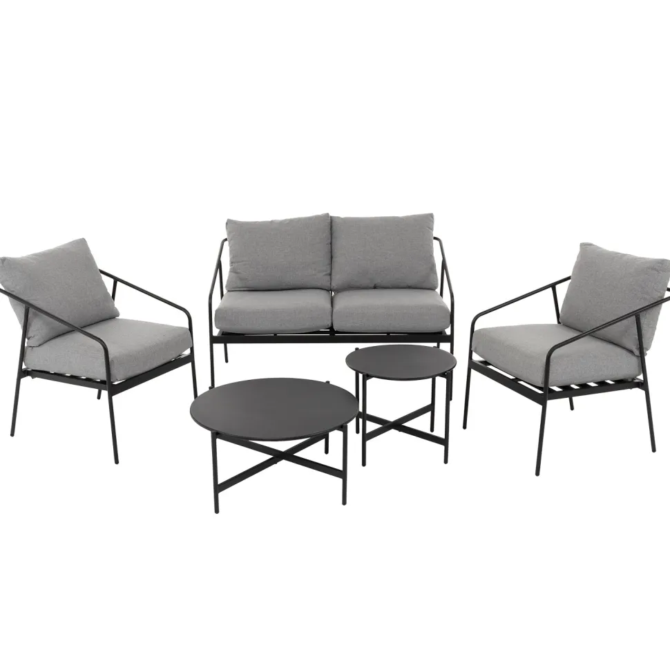Set da giardino 5 pezzi struttura in acciaio e top tavolini in metallo con cuscini Grigio Scuro