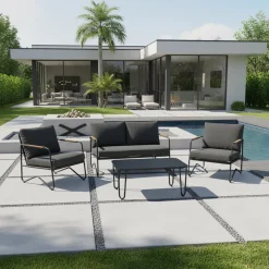Set da giardino 4 pezzi Struttura in Acciaio Antracite, braccioli con finitura effetto legno e Top in Vetro Temperato, cuscini inclusi