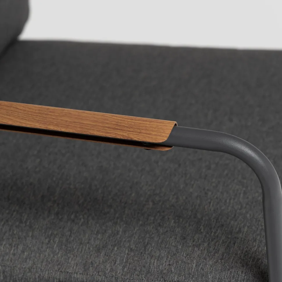 Set da giardino 4 pezzi Struttura in Acciaio Antracite, braccioli con finitura effetto legno e Top in Vetro Temperato, cuscini inclusi
