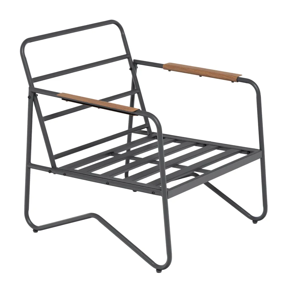 Set da giardino 4 pezzi Struttura in Acciaio Antracite, braccioli con finitura effetto legno e Top in Vetro Temperato, cuscini inclusi