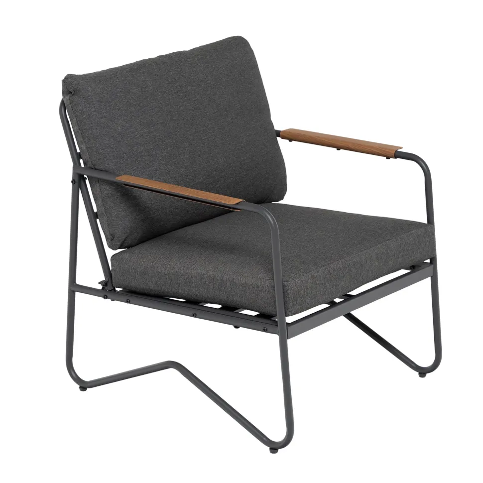 Set da giardino 4 pezzi Struttura in Acciaio Antracite, braccioli con finitura effetto legno e Top in Vetro Temperato, cuscini inclusi