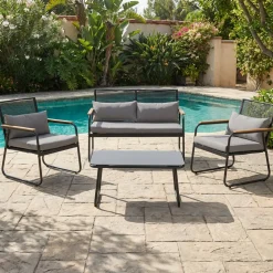 Set da giardino 4 pezzi struttura in acciaio Antracite e braccioli Rattan con cuscini Grigio Scuro
