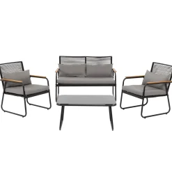 Set da giardino 4 pezzi struttura in acciaio Antracite e braccioli Rattan con cuscini Grigio Scuro